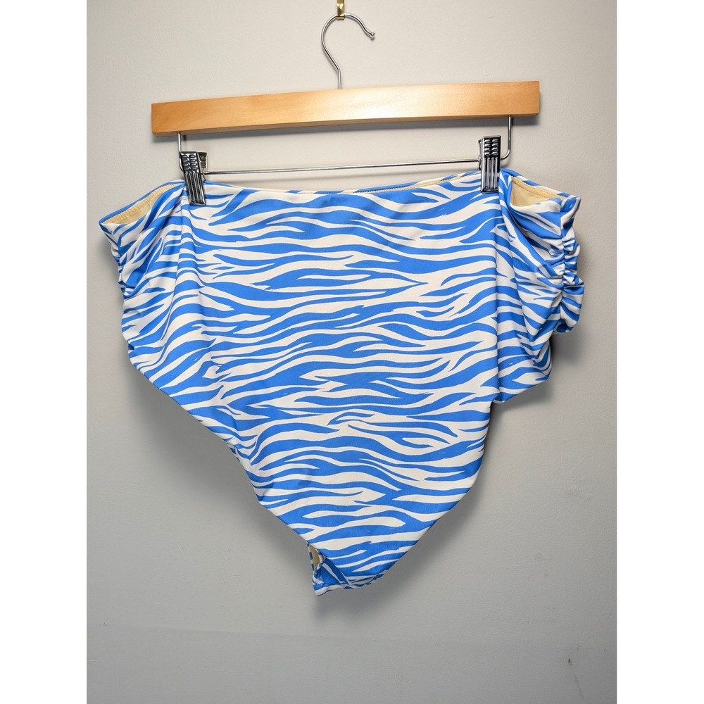 Blue White Zebra Print High Waisted Bikini Set Twist Front Ruched Swimsuit - Picture 8 of 10
